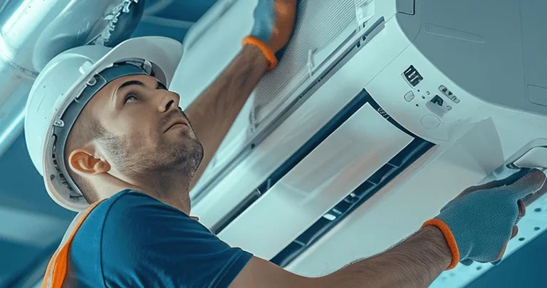 Technician wearing a hard hat and gloves servicing a ceiling-mounted air conditioning unit.