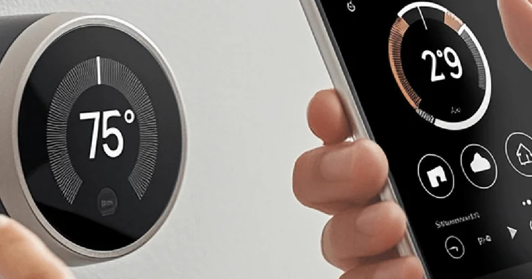 A hand adjusts a smart thermostat displaying 75°F, while a smartphone shows additional controls and settings for temperature management.