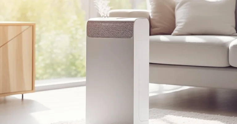 A white air purifier on a table in front of a couch, highlighting its role in improving indoor air quality.