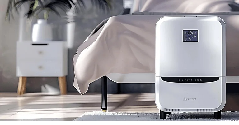A white air purifier placed on a bed, emphasizing its role in improving indoor air quality.