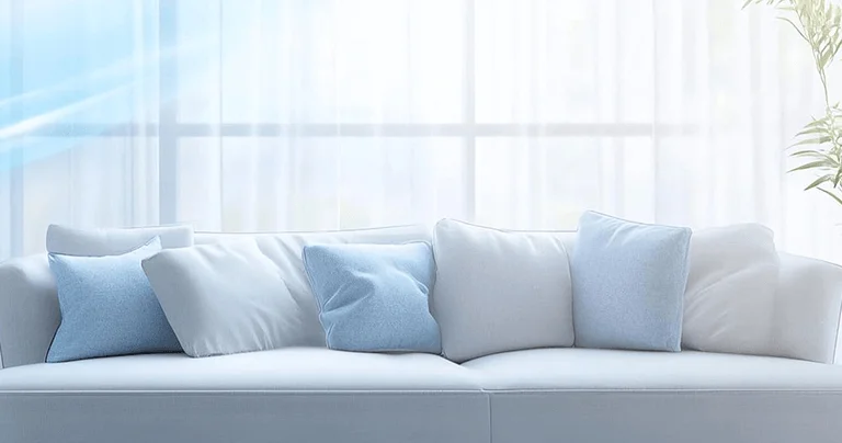 A white couch adorned with blue pillows, accompanied by a blue potted plant beside it.
