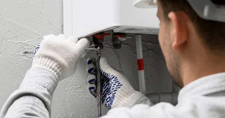 A man wearing a hard hat and gloves is repairing a gas boiler in a residential setting.