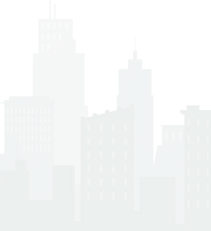 A city skyline featuring tall buildings and a prominent ferris wheel against a clear blue sky.