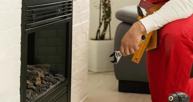 A man in overalls and red pants repairs a fireplace, focused on fixing the structure with tools in hand.
