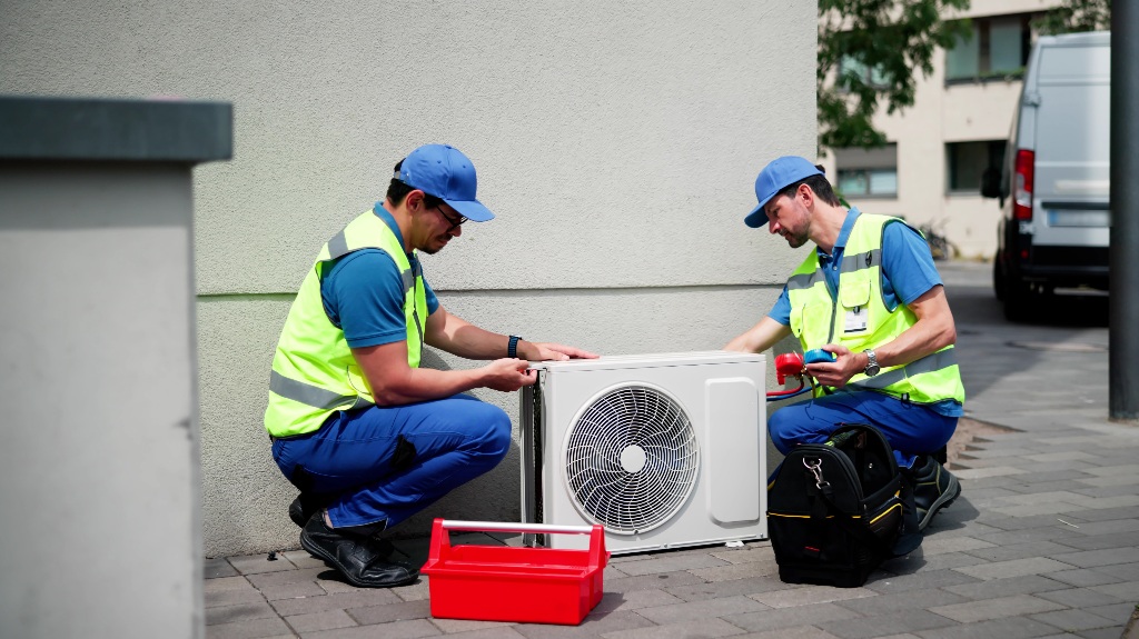 Workers work with HVAC system