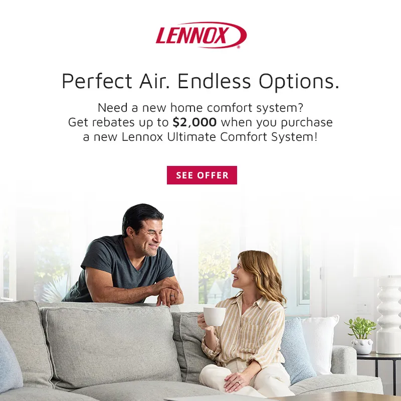 Lennox logo and promotional text above a man and woman conversing on a gray sofa in a bright living room.