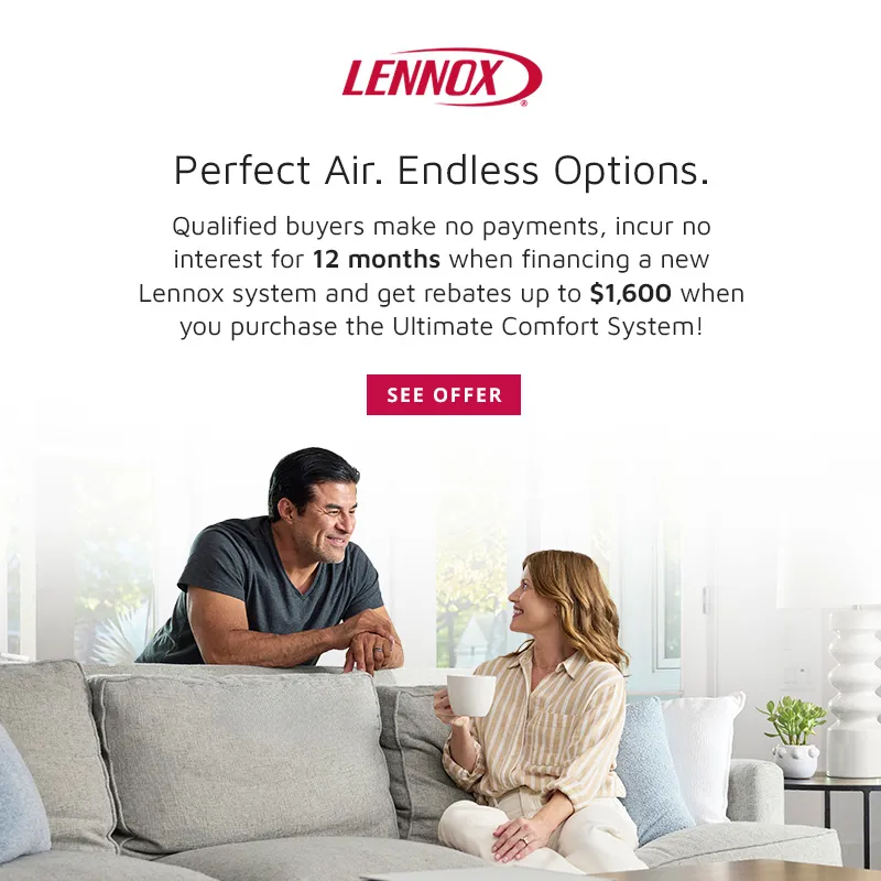 Lennox advertisement with promotional text and a smiling man and woman conversing in a bright living room.