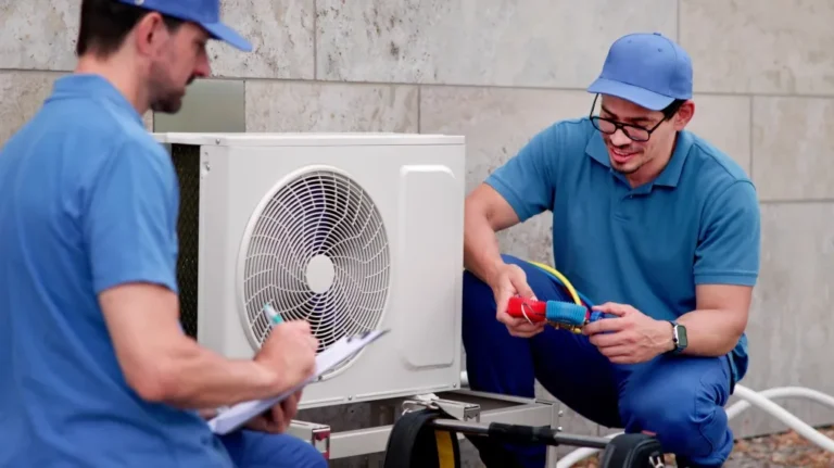 Two technicians in blue uniforms inspecting and repairing an outdoor air conditioning unit.