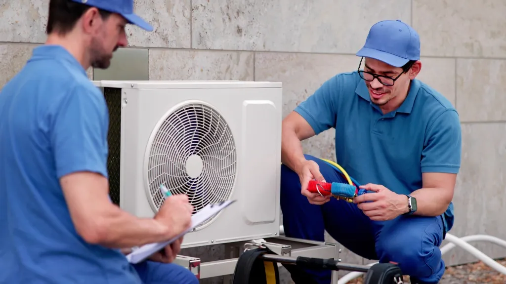 Two technicians in blue uniforms inspecting and repairing an outdoor air conditioning unit.