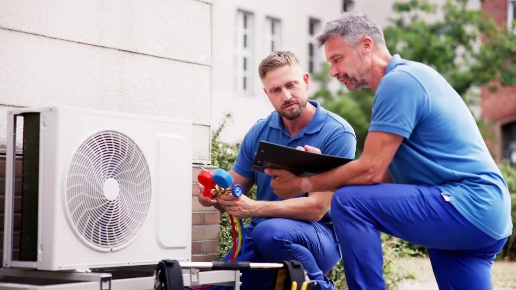 Two male technicians in blue uniforms inspecting an outdoor air conditioning unit with gauges and a clipboard.