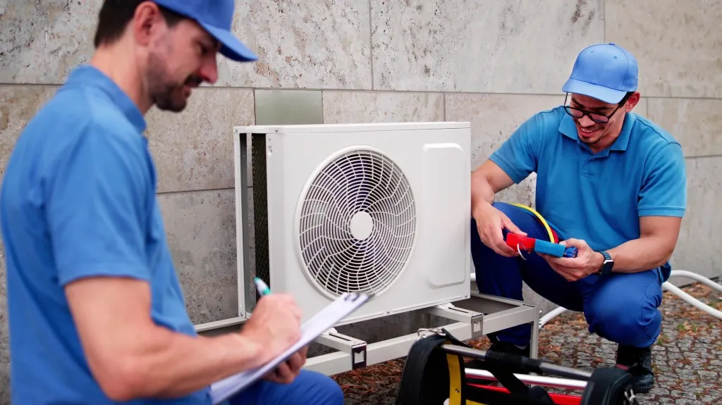 Two technicians in blue uniforms inspecting and servicing an outdoor air conditioning unit.