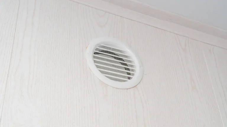 White circular air vent with horizontal slats mounted on a light wood-paneled wall.