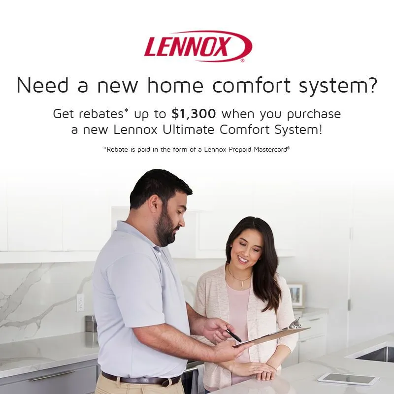 Lennox advertisement with technician and woman discussing home comfort system rebate offer.