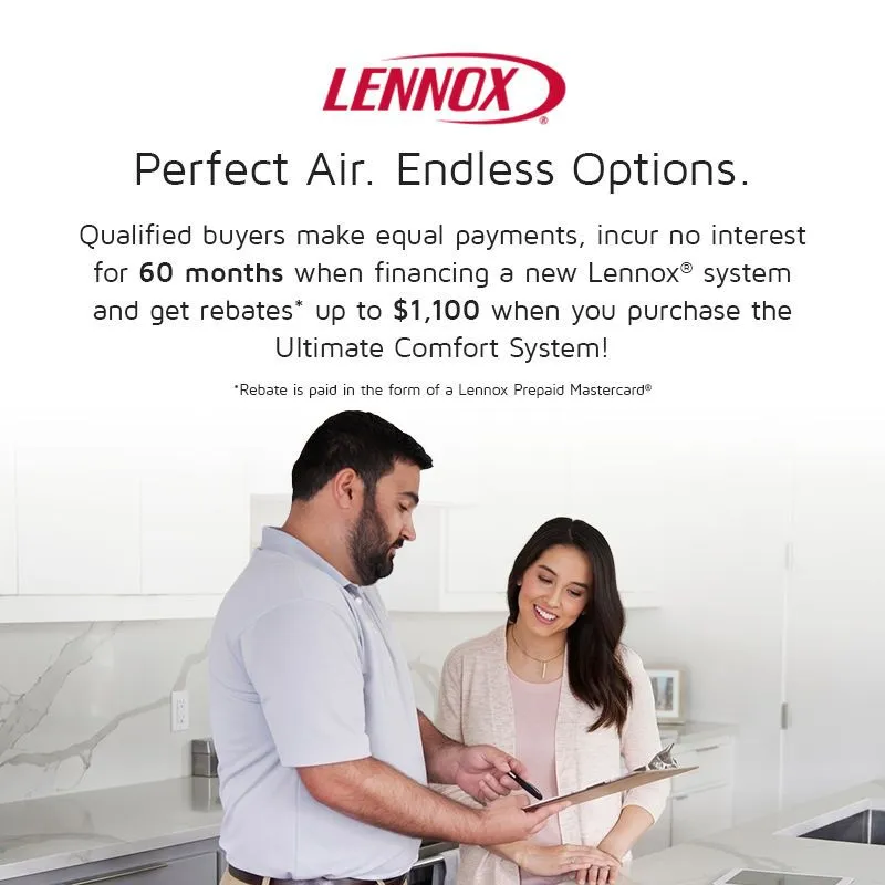 Lennox advertisement with man showing clipboard to smiling woman in modern kitchen.