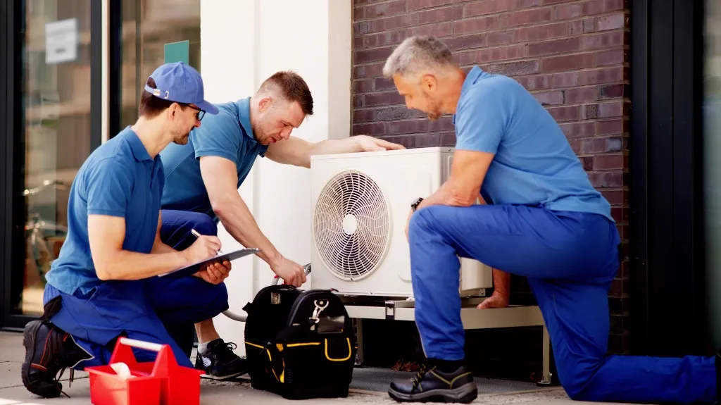 Three technicians in blue uniforms inspecting and repairing an outdoor air conditioning unit.