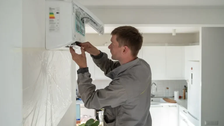 Technician in gray uniform servicing a white wall-mounted air conditioning unit in a modern kitchen.