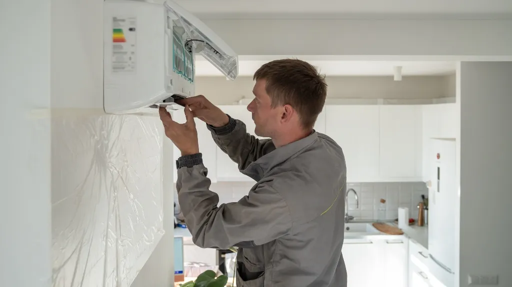 Technician in gray uniform servicing a white wall-mounted air conditioning unit in a modern kitchen.