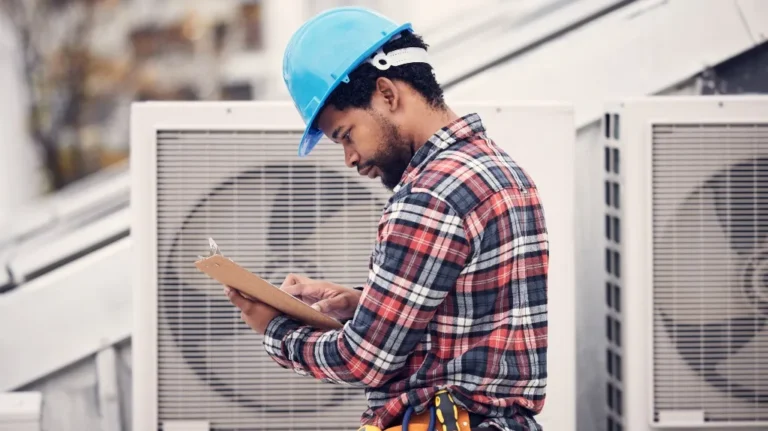Technician in blue hard hat and plaid shirt inspecting HVAC units with clipboard.